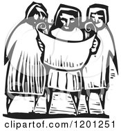Three People Reading A Map Or Scroll Black And White Woodcut