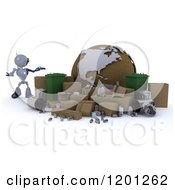Poster, Art Print Of 3d Blue Android Robot Presenting A Recycle Globe With Cardboard And Bins