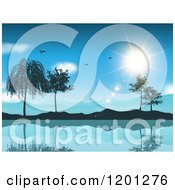 Poster, Art Print Of Seagulls And The Sun Over A Lake Mountains And Trees