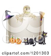 Poster, Art Print Of Mummy Over A Halloween Scroll Sign Black Cats And Pumpkins