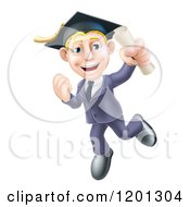 Poster, Art Print Of Happy Blond Graduate Business Man Jumping Wearing A Graduation Cap And Holding A Diploma