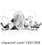 Clipart Of A Vintage Black And White Fan And Birds Royalty Free Vector Illustration