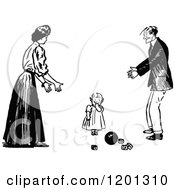 Poster, Art Print Of Vintage Black And White Toddler Girl And Parents