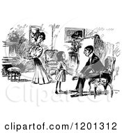Clipart Of A Vintage Black And White Family In A Living Room Royalty Free Vector Illustration