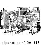 Clipart Of A Vintage Black And White Pig Running And Father Spanking His Son Royalty Free Vector Illustration