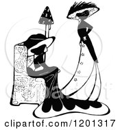 Clipart Of Vintage Black And White Elegant Ladies Talking Royalty Free Vector Illustration