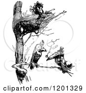 Clipart Of Vintage Black And White Crows Smoking Under A Nest Royalty Free Vector Illustration