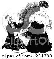 Clipart Of A Vintage Black And White Kneeling Man And Woman Royalty Free Vector Illustration