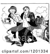 Clipart Of A Vintage Black And White Couple Crossing A Street Royalty Free Vector Illustration