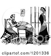 Clipart Of A Vintage Black And White Couple With Papers At A Desk Royalty Free Vector Illustration