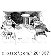Clipart Of A Vintage Black And White Couple Relaxing At Home Royalty Free Vector Illustration