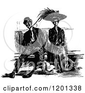 Clipart Of A Vintage Black And White Couple On A Bench Royalty Free Vector Illustration