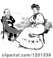 Clipart Of A Vintage Black And White Annoyed Couple Sitting Royalty Free Vector Illustration