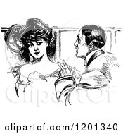 Clipart Of A Vintage Black And White Couple Talking Royalty Free Vector Illustration