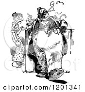 Clipart Of A Vintage Black And White Skinny Wife And Fat Smoking Husband Royalty Free Vector Illustration