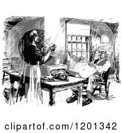 Clipart Of A Vintage Black And White Couple Reading And Talking At A Table Royalty Free Vector Illustration