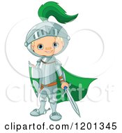 Poster, Art Print Of Happy Blond Knight Boy With A Green Cape Sword And Shield
