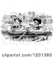 Clipart Of A Vintage Black And White Couple In A Log Canoe With Dinosaurs Royalty Free Vector Illustration