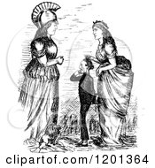 Clipart Of A Vintage Black And White Short Man And Two Women Royalty Free Vector Illustration