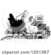 Clipart Of A Vintage Black And White Chicken Couple Royalty Free Vector Illustration