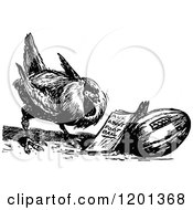 Clipart Of A Vintage Black And White Chicken And Football Royalty Free Vector Illustration