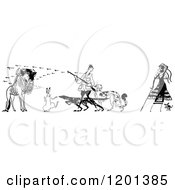 Clipart Of A Vintage Black And White Couple With Animals Royalty Free Vector Illustration