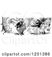 Clipart Of A Vintage Black And White Couple And Chickens Royalty Free Vector Illustration