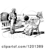 Clipart Of A Vintage Black And White Couple On A Patio Royalty Free Vector Illustration