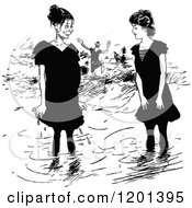 Clipart Of Vintage Black And White Girls Wading On The Beach Royalty Free Vector Illustration by Prawny Vintage