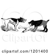 Clipart Of Vintage Black And White Dogs Fighting Over A Bone Royalty Free Vector Illustration