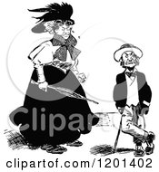 Clipart Of A Vintage Black And White Angry Wife Glaring At Her Tiny Husband Royalty Free Vector Illustration