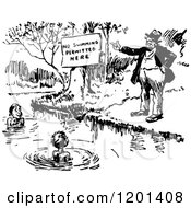 Clipart Of A Vintage Black And White Man Pointing To A No Swimming Sign By Boys In A Pond Royalty Free Vector Illustration by Prawny Vintage