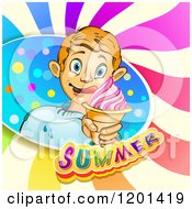 Blond Boy Licking His Lips And Holding An Ice Cream Cone In A Colorful Splash Over Text And Swirls