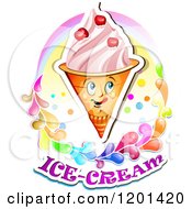 Waffle Ice Cream Cone Mascot With Cherries A Rainbow And Splashes Over Text