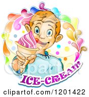 Blond Boy Licking His Lips And Holding An Ice Cream Cone In A Colorful Splash Over Text 2