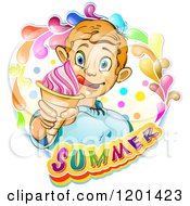 Blond Boy Licking His Lips And Holding An Ice Cream Cone In A Colorful Splash Over Text