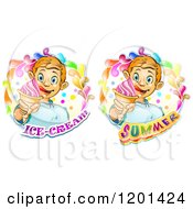 Clipart Of A Blond Boy Licking His Lips And Holding An Ice Cream Cone In A Colorful Splashs Over Text Royalty Free Vector Illustration by merlinul