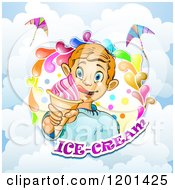 Blond Boy Licking His Lips And Holding An Ice Cream Cone In A Colorful Splash Over Text And Clouds