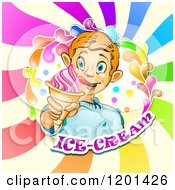 Blond Boy Licking His Lips And Holding An Ice Cream Cone In A Colorful Splash Over Text And Swirls 2
