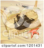 Poster, Art Print Of Starfish And Wooden Pirate Ship Sign On A Sandy Beach