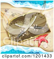 Poster, Art Print Of Starfish And Wooden Pirate Knife Sign On A Sandy Beach