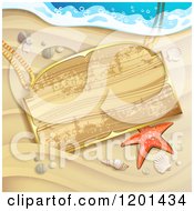 Starfish And Wooden Sign On A Sandy Beach