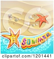 Clipart Of Starfish Over A Beach And Summer Text 2 Royalty Free Vector Illustration