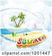Poster, Art Print Of Beach Scene Sail Boat And Summer Text Over Clouds