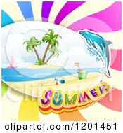 Poster, Art Print Of Clipart Of A  Dolphin Leaping Over A Beach And Summer Text Royalty Free Vector Illustration
