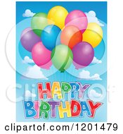 Poster, Art Print Of Bundle Of Colorful Party Balloons And Happy Birthday Text In The Sky