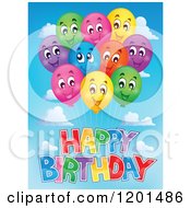 Bundle Of Smiling Colorful Party Balloons And Happy Birthday Text In The Sky
