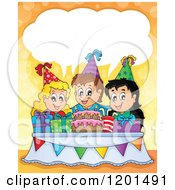 Cartoon Of Happy Talking Children Around A Cake At A Birthday Party Royalty Free Vector Clipart