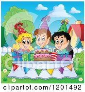 Cartoon Of Happy Children Around A Cake And Pesents At A Back Yard Birthday Party Royalty Free Vector Clipart