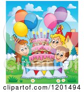 Cartoon Of Happy Children Around A Cake At A Back Yard Birthday Party Royalty Free Vector Clipart